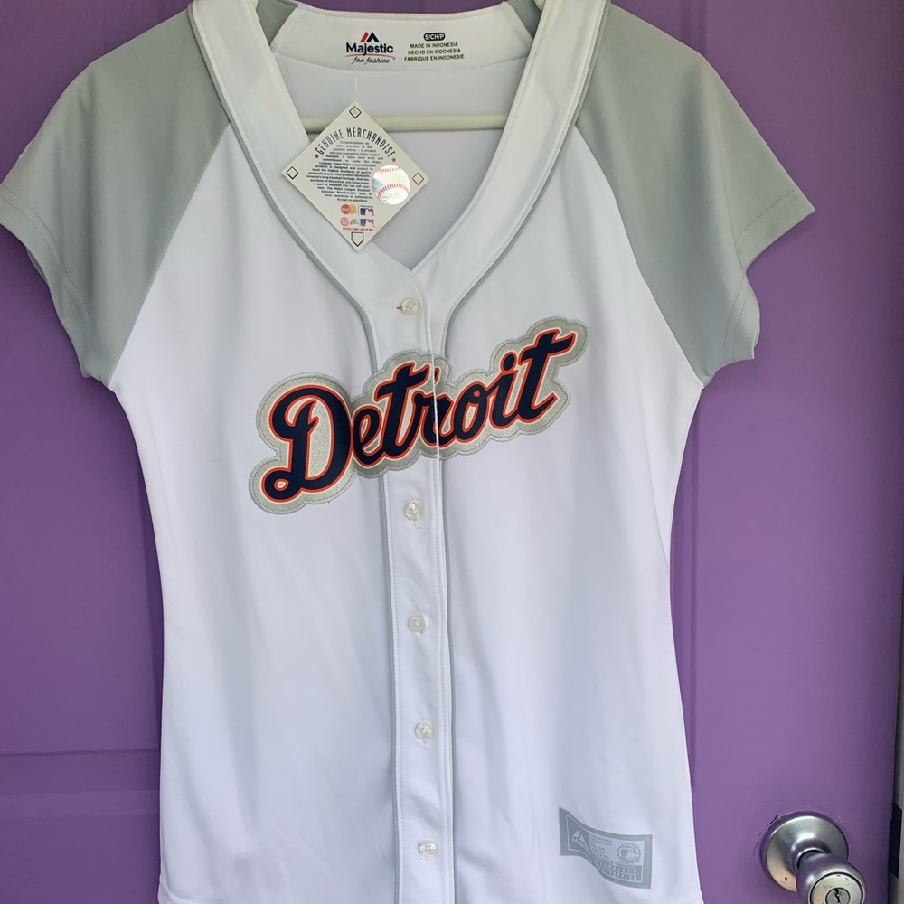 Majestic Detroit Women's White and Gray Button-Up Jersey with Script Logo